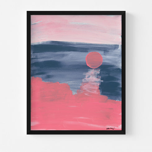 Strawberry Moon Singing a Tune white framed Wall Art Print in pink and blue. Modern abstract contemporary original artwork by Kerri Rosenthal