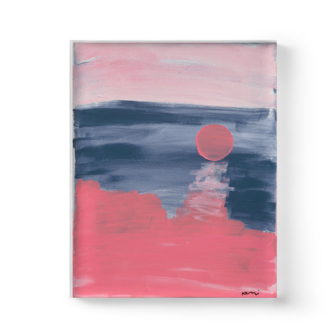 Strawberry Moon Singing a Tune white framed Wall Art Print in pink and blue. Modern abstract contemporary original artwork by Kerri Rosenthal