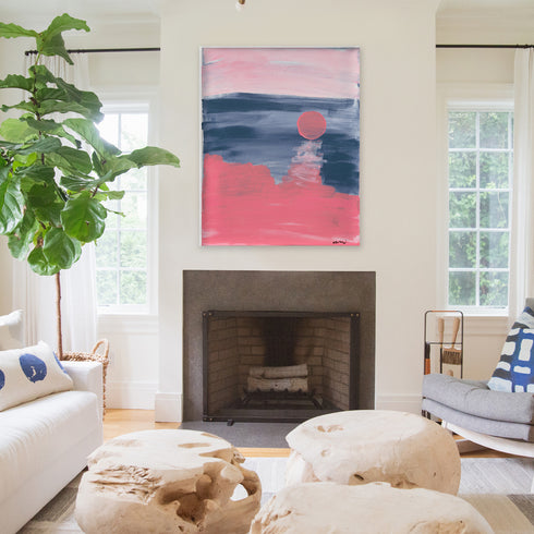 Strawberry Moon Singing a Tune white framed Wall Art Print in pink and blue. Modern abstract contemporary original artwork by Kerri Rosenthal