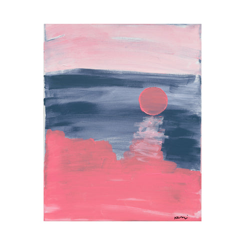 Strawberry Moon Singing a Tune white framed Wall Art Print in pink and blue. Modern abstract contemporary original artwork by Kerri Rosenthal