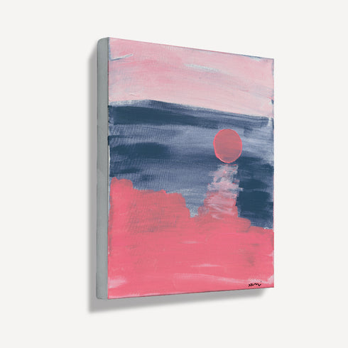 Strawberry Moon Singing a Tune white framed Wall Art Print in pink and blue. Modern abstract contemporary original artwork by Kerri Rosenthal