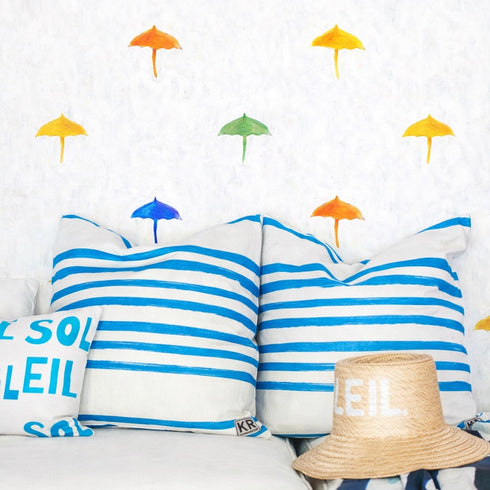 Stripe On Stripe turq throw pillow of finest Belgian cotton linen - Square decorative throw pillow for modern living room decor by Kerri Rosenthal