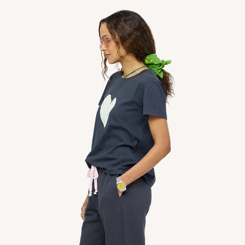 Side view of Suke imperfect heart coal tee in 100% cotton and matching sweatpants - Shop women's chic tops & tees by Kerri Rosenthal