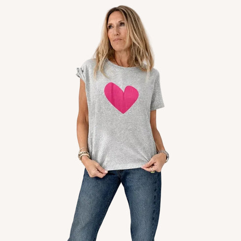 Suke Imperfect Heart heather gray tee in cotton with pink heart artwork - Shop cute women's tees by Kerri Rosenthal
