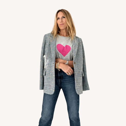 Suke Heart heather gray tee in cotton with pink heart artwork and blazer - Shop cute women's tees by Kerri Rosenthal