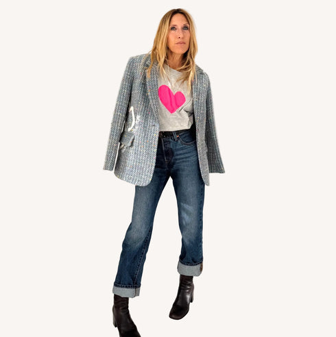 Suke Heart heather gray tee in cotton with pink heart artwork and blazer - Shop cute women's tees by Kerri Rosenthal
