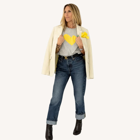 Suke Imperfect Heart heather gray tee in cotton with yellow heart artwork - Shop cute women's tees by Kerri Rosenthal