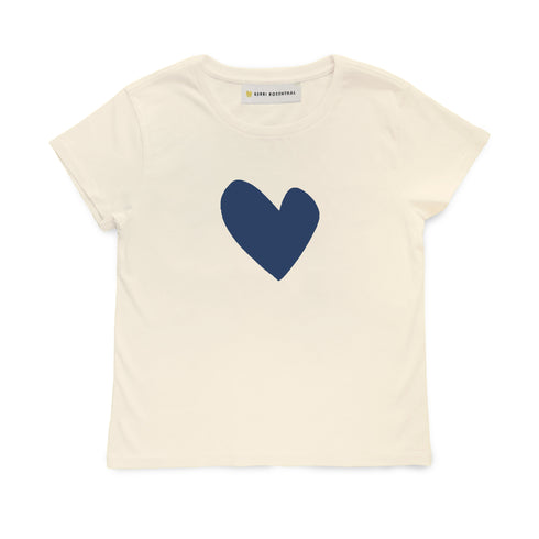 Suke off white vanilla tee with navy blue heart on front - Cute women's tees by Kerri Rosenthal