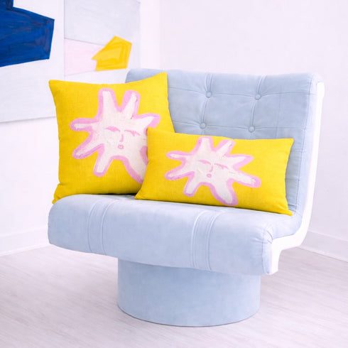 Sunny yellow square and rectangular lumbar throw pillow in linen by Kerri Rosenthal