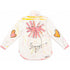 White button-down shirt hand-painted on the back with a pink sun-heart flower design, orange heart patches on both sleeves, yellow striping along the yoke, pink and yellow paint splatters throughout, and 'Sunny' script at the hem — Kerri Rosenthal wearable art