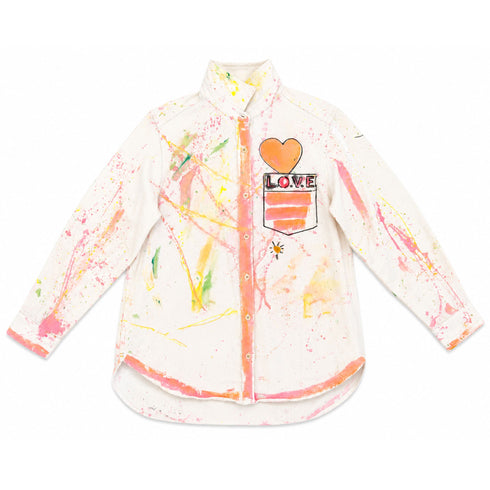 White button-down shirt hand-painted with pink, orange, yellow, and green paint splatters throughout, an orange heart above a pocket painted 'Love,' and coral-painted placket and cuffs — Kerri Rosenthal wearable art