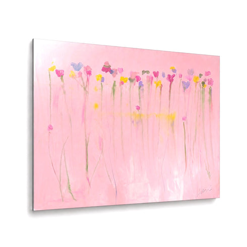 Kerri Rosenthal pink wildflower field abstract painting with colorful blooms on blush background in aluminum frame.