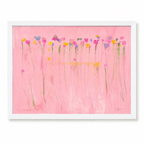 Kerri Rosenthal pink wildflower field abstract painting with colorful blooms on blush background in white frame.