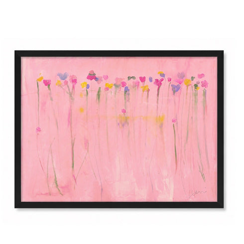 Kerri Rosenthal pink wildflower field abstract painting with colorful blooms on blush background in black frame.