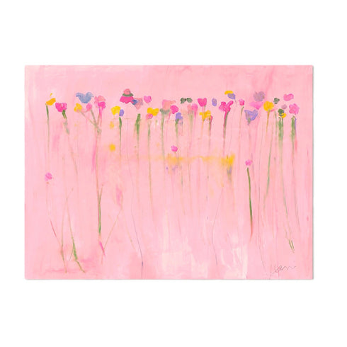 Kerri Rosenthal pink wildflower field abstract painting with colorful blooms on blush background