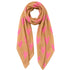 A tan scarf with a repeating bright pink heart pattern, arranged in a loop on a plain white background.