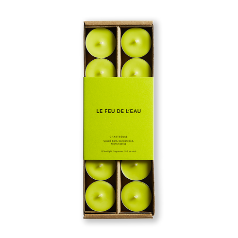 Chartreuse Cassia Bark, Sandalwood, Frankincense scented tea light candles - Le Feu De L'eau