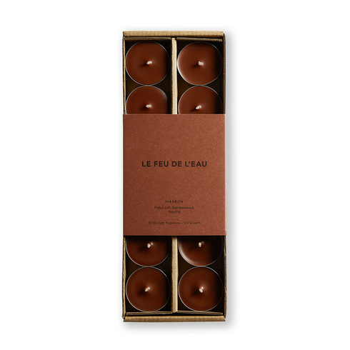 Marron Patchouli, Sandalwood,, Vanilla scented tea light candles - Le Feu De L'eau