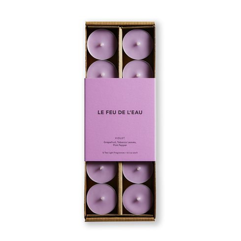 purple lavender violet grapefruit, tobacco leaves, pink pepper scented tea light candles - Le Feu De L'eau