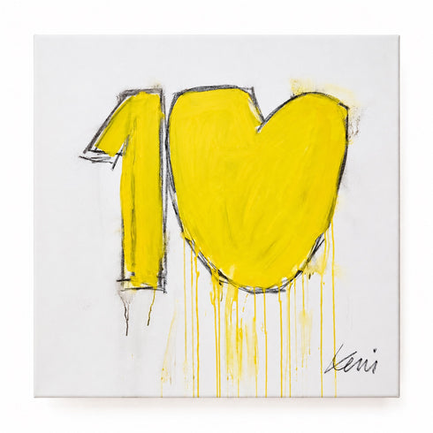 Yellow Kerri Rosenthal abstract painting on canvas of the number '10' next to a drippy heart shape, hand-painted with visible brushstrokes, charcoal outlines, and drip details, signed by the artist in the bottom corner, displayed on a white gallery wall with black dot-patterned accent wall in background. Celebrate ten year anniversary