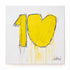 Yellow Kerri Rosenthal abstract painting on canvas of the number '10' next to a drippy heart shape, hand-painted with visible brushstrokes, charcoal outlines, and drip details, signed by the artist in the bottom corner, displayed on a white gallery wall with black dot-patterned accent wall in background. Celebrate ten year anniversary