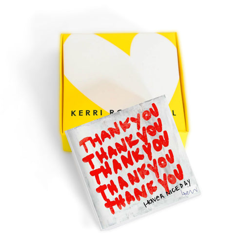 Thank You & Have a Nice Day multicolor block of Love acrylic word mini art by Kerri Rosenthal's artwork