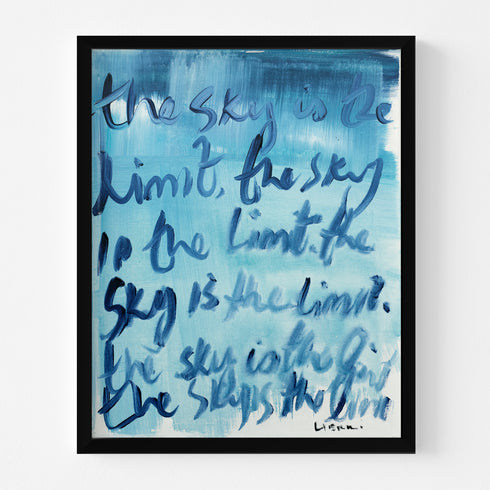 The Sky Is The Limit indigo blue word art print by Kerri Rosenthal - Unique artwork for living room wall decor