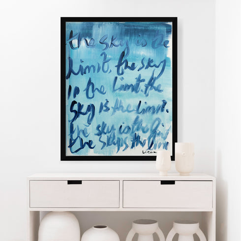The Sky Is The Limit indigo blue word art print by Kerri Rosenthal - Unique artwork for living room wall decor