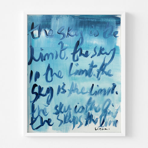 The Sky Is The Limit indigo blue word art print by Kerri Rosenthal - Unique artwork for living room wall decor