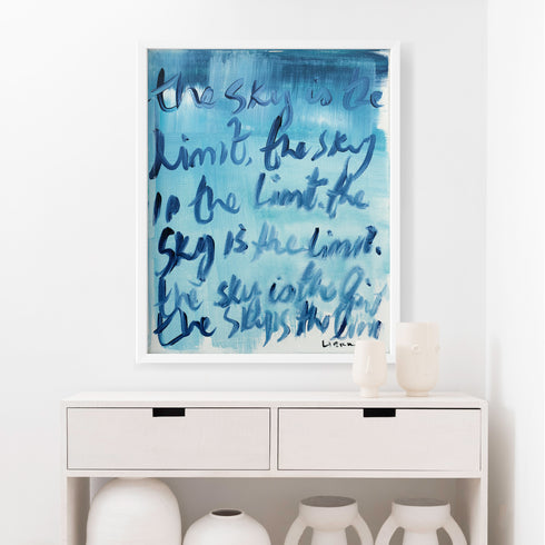 The Sky Is The Limit indigo blue word art print by Kerri Rosenthal - Unique artwork for living room wall decor