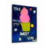 Close angled view of frozen yogurt cone painting highlighting textured brushwork and dimensional canvas edge, pink and navy color palette