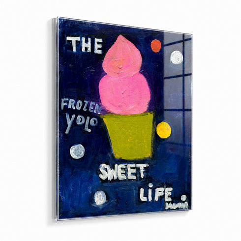 Alternate angled perspective of pink frozen yogurt canvas art, showing gallery-wrap edge with navy blue polka dot background