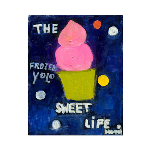 Pink frozen yogurt swirl painting in green cup on navy blue background with colorful polka dots, hand-lettered text reading "The Frozen Yolo, Sweet Life"