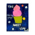 Pink frozen yogurt swirl painting in green cup on navy blue background with colorful polka dots, hand-lettered text reading "The Frozen Yolo, Sweet Life"