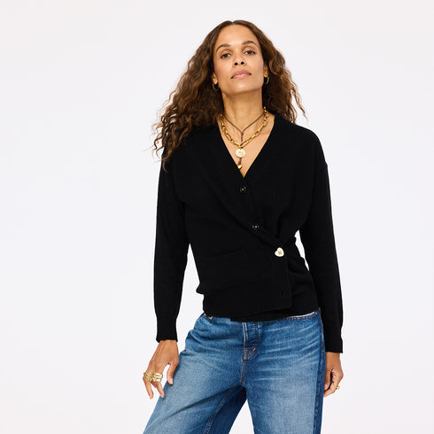 The Jackie button-front black cardigan is made from 100% cashmere with a V-neck and double pockets - Shop cute women’s cardigans by Kerri Rosenthal
