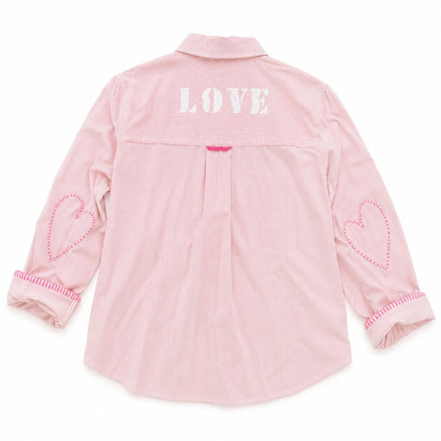 Back view of a pink striped shirt with 'LOVE' lettering and heart elbow patches."
