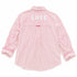 Back view of a pink striped shirt with 'LOVE' lettering and heart elbow patches."