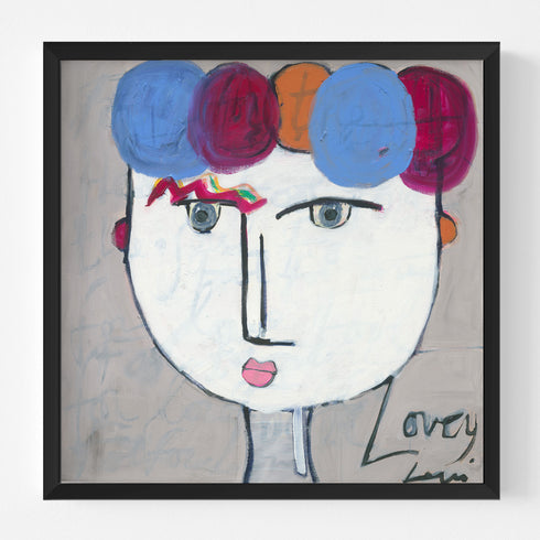 Painted in neutral tones with pops of jewel colors, Tiki Lovey abstract wall artwork—fine wall art in a wood frame, Kerri Rosenthal for modern home decor.