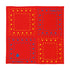 A square red bandana featuring a geometric pattern of four large panels, each bordered with yellow hearts and blue dots and small decorative motifs.