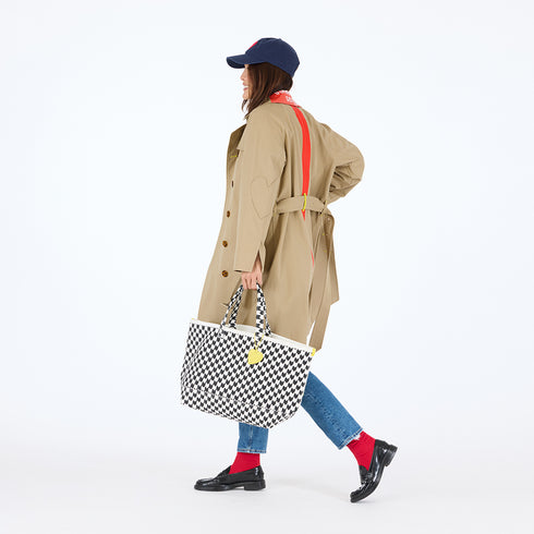 The belted, double-breasted beige trench coat is made from 100% cotton with “Sunny side up” artwork - Cute women's trench coats by Kerri Rosenthal