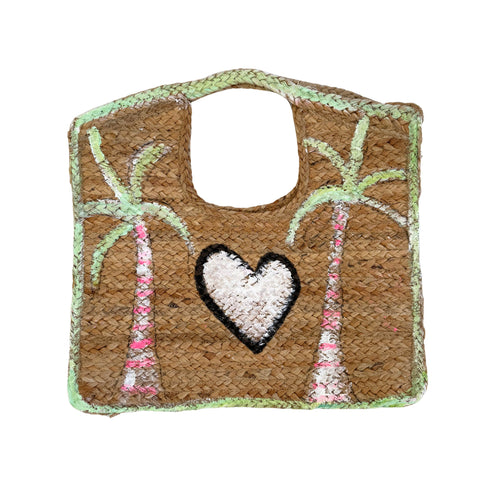 Woven jute tote bag hand-painted with green palm trees, pink and white striped trunks, a white heart at center, and green-painted edging — Kerri Rosenthal wearable art