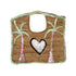 Woven jute tote bag hand-painted with green palm trees, pink and white striped trunks, a white heart at center, and green-painted edging — Kerri Rosenthal wearable art