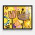 Abstract striped tulip painting in black wood frame, vibrant yellow artwork with pink, purple, and blue geometric accents