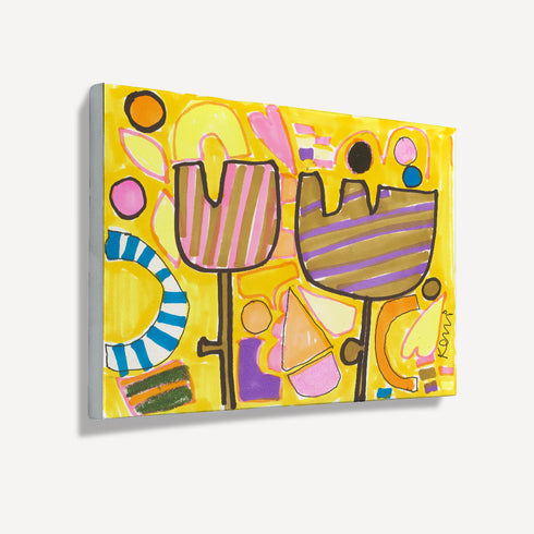 Side angle view of unframed abstract flower canvas art, showing gallery-wrap texture with striped tulip blooms on yellow background