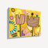Side angle view of unframed abstract flower canvas art, showing gallery-wrap texture with striped tulip blooms on yellow background
