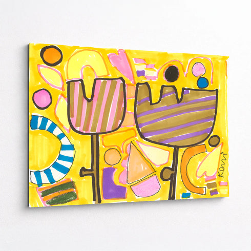 Close angled view of abstract tulip painting showing textured brushwork, bold stripes, and colorful geometric pattern details