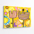 Close angled view of abstract tulip painting showing textured brushwork, bold stripes, and colorful geometric pattern details