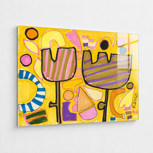 Alternate angled perspective of yellow abstract flower painting, highlighting dimensional canvas edge with striped petals and geometric shapes