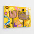 Alternate angled perspective of yellow abstract flower painting, highlighting dimensional canvas edge with striped petals and geometric shapes