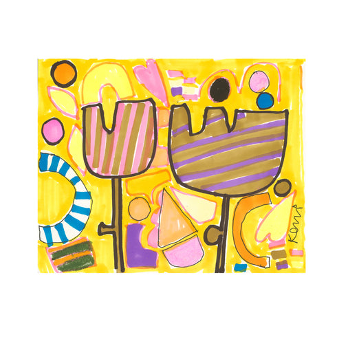 Kerri Rosenthal abstract flower painting with two striped tulip-shaped blooms on bright yellow background, playful geometric shapes and pattern accents in pink, purple, and blue